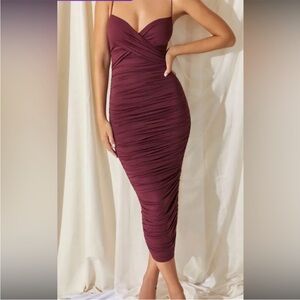 Oh Polly Strapless Ruched Dress in Deep Burgundy